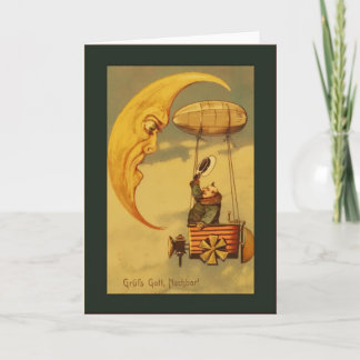 Tarjeta Saludos Vintage de la Luna y la Aeronave