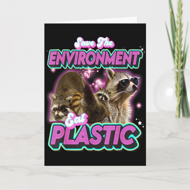 Tarjeta Salvar El Medio Ambiente Come Mapache De Plástico  (Anverso)