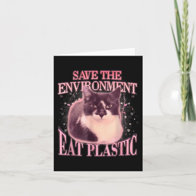 Tarjeta Salvar el medio ambiente Comer Plastic Silly Cat M (Anverso)