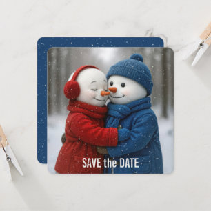 Tarjeta Salvar la fecha muñeco de nieve pareja en copos de