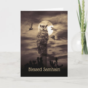 Tarjeta Samhain Bendito con Búho y Poema