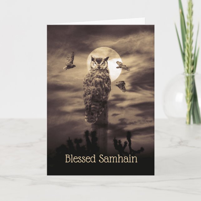 Tarjeta Samhain Bendito con Búho y Poema (Anverso)