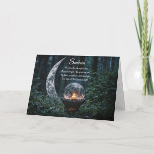 Tarjeta Samhain con bola de cristal, luna creciente y vela