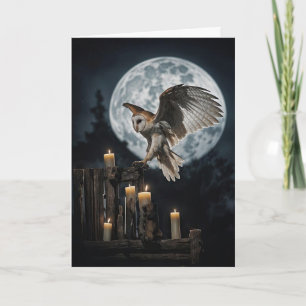 Tarjeta Samhain con búho bonito de alas abiertas Luna Llen