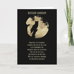 Tarjeta Samhain con búho y luna de cosecha