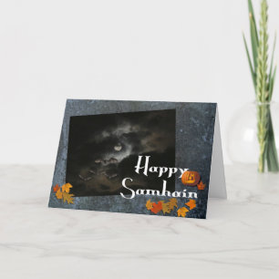 Tarjeta Samhain feliz/Luna Llena, palos, calabazas, hojas