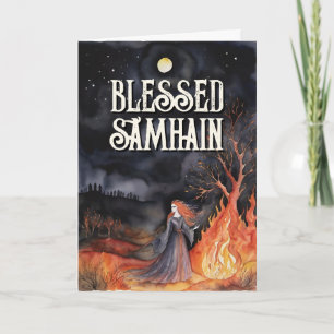 Tarjeta Samhain Night Fall Forest Pagan Bonfire Halloween
