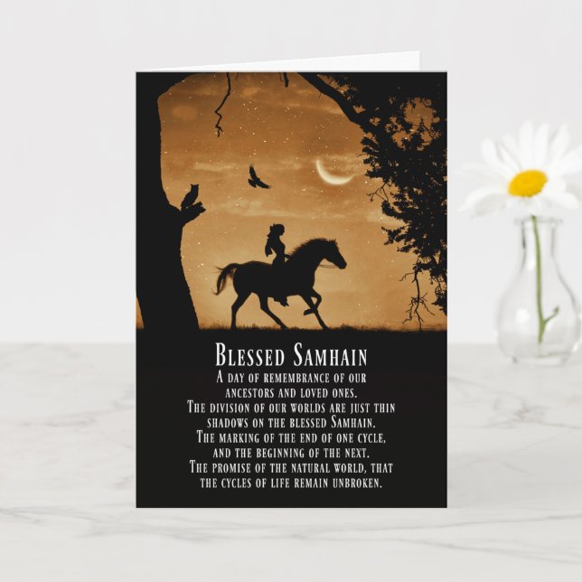 Tarjeta Samhain Pagan Caballo y Jinete con Búho y Raven C (Planta pequeña)