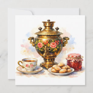 Tarjeta Samovar Ruso de Acuarela con Galletas, Mermelada