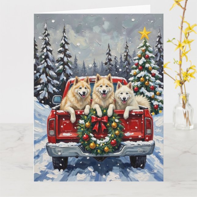 Tarjeta Samoyed Christmas Red Truck Holiday (flor amarilla)