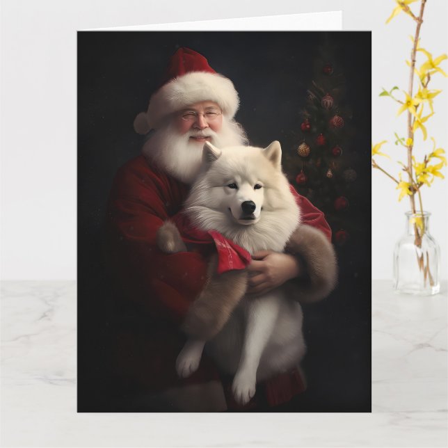 Tarjeta Samoyed Con Navidades De La Festividad De Santa Cl (flor amarilla)