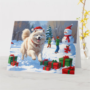 Tarjeta Samoyed corriendo en la nieve con sombrero de Navi