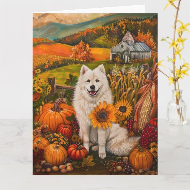 Tarjeta Samoyed Dog Autumn Harvest Thanksending (flor amarilla)