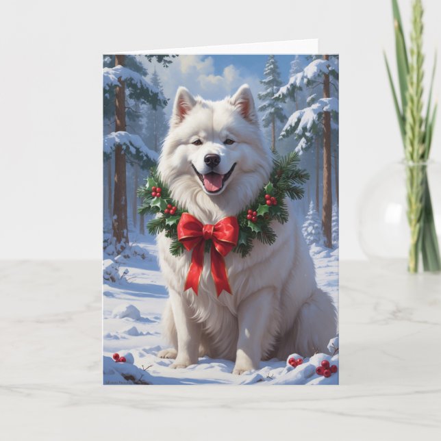Tarjeta Samoyed en la nieve con arte de invierno de la gue (Anverso)