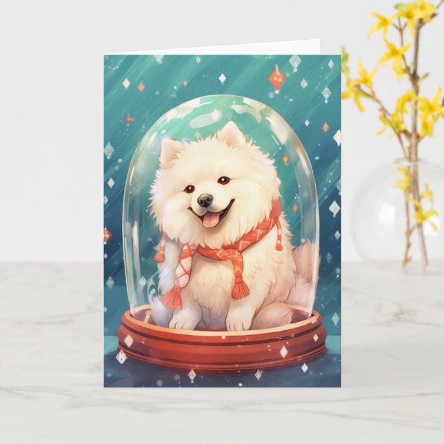 Tarjeta Samoyed en un Globo de Nieve de Navidad Luces Bril (flor amarilla)