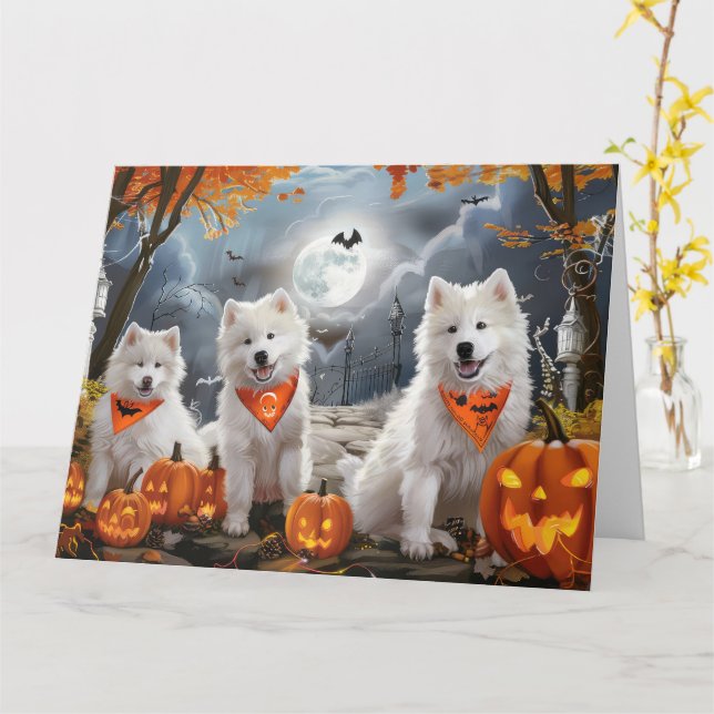 Tarjeta Samoyed Halloween Spooky (flor amarilla)