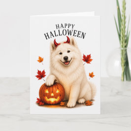 Tarjeta Samoyed perro diablo de Halloween