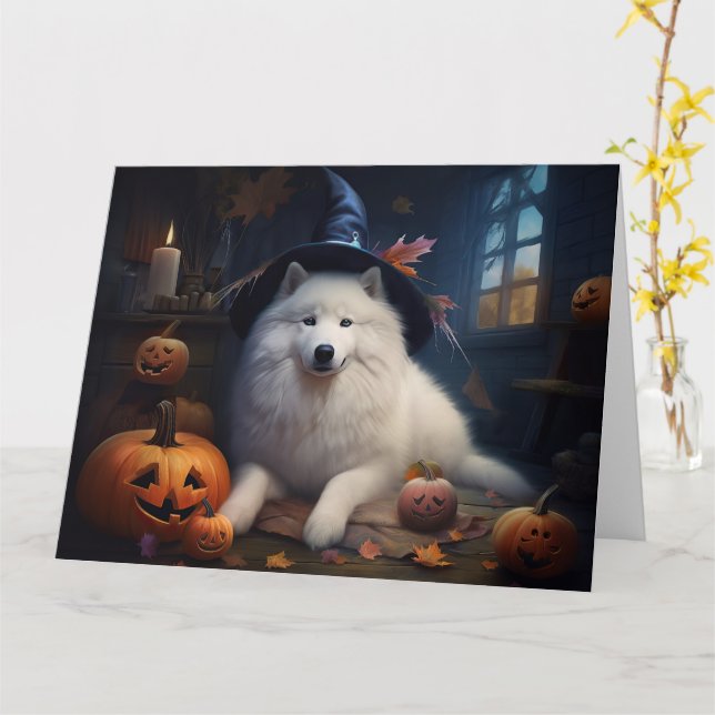 Tarjeta Samoyed Pumpkins Halloween Scary (flor amarilla)