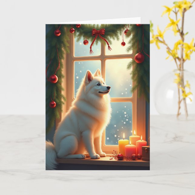 Tarjeta Samoyed Under the Mistletoe Christmas Painting (flor amarilla)