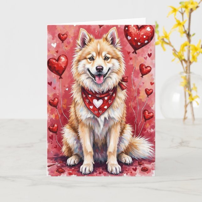 Tarjeta Samoyed Valentine’s Day Dog with Hearts Red (flor amarilla)