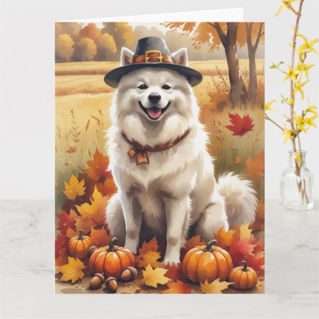 Tarjeta Samoyedo en hojas de otoño Arte de Acción de Graci (flor amarilla)