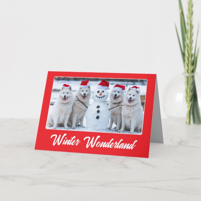Tarjeta Samoyeds y muñeco de nieve (Anverso)