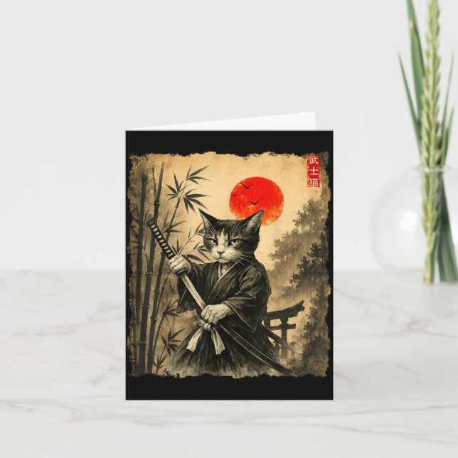 Tarjeta Samurai Cat Japanese Art Men Boys Funny Graphic Te (Anverso)