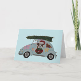 Tarjeta San Bernardo en coche hippie en Navidad