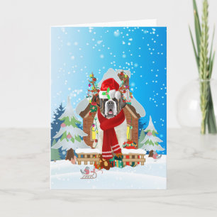 Tarjeta San Bernardo en la nieve con regalos de Navidades