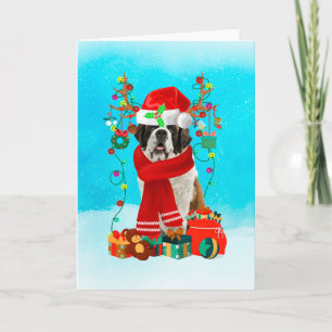 Tarjeta San Bernardo en la nieve con regalos de Navidades