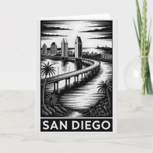 Tarjeta San Diego California Grabado en Madera Blanco y Ne