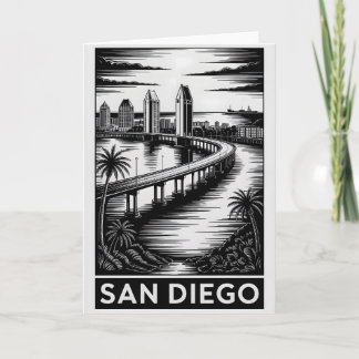 Tarjeta San Diego California Grabado en Madera Blanco y Ne