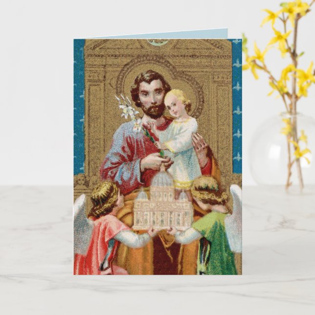 Tarjeta San José al frente Recibiendo Maquette del Vatican (flor amarilla)