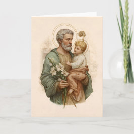 Tarjeta San José sosteniendo al Niño Jesús y lirios