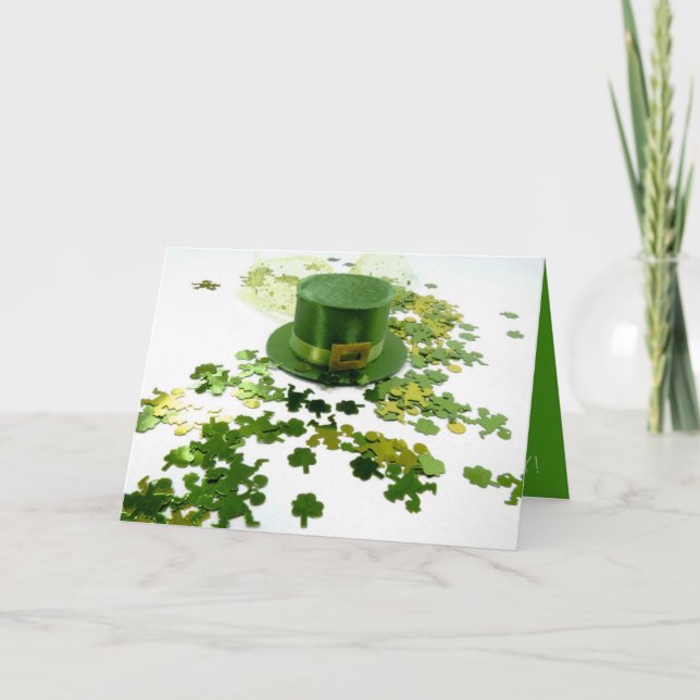 Tarjeta San Patrón Día Verde Gorra Clover Confetti Saludo (Anverso)