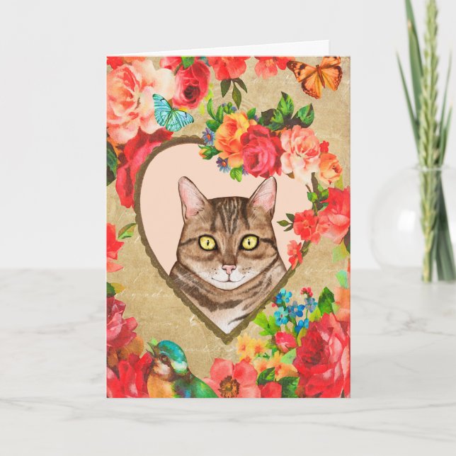 Tarjeta San Valentín femenino con un gato en un marco de c (Anverso)