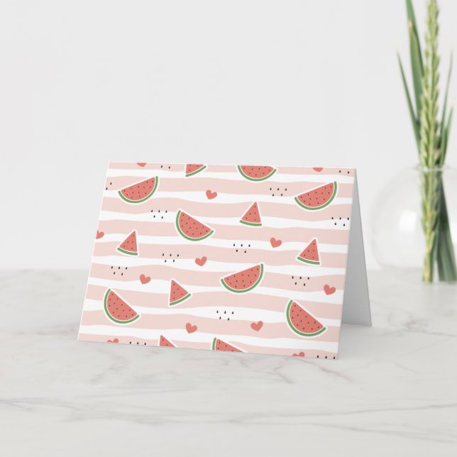 Tarjeta sandías rojas, corazones, rayas, patrón de verano (Anverso)