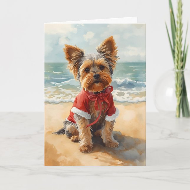 Tarjeta Sandy Paws y Navidades Cheer - Yorkie en la playa (Anverso)