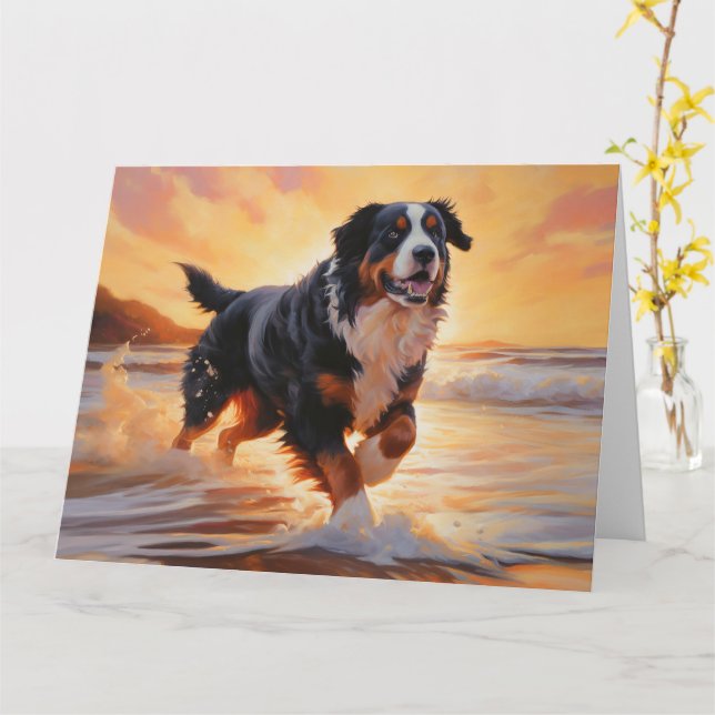 Tarjeta Sandy vierte Perro de Montaña Bernés en la puesta  (flor amarilla)