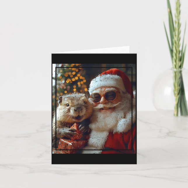 Tarjeta Santa And Beaver Selfie Funny Christmas Design  (Anverso)