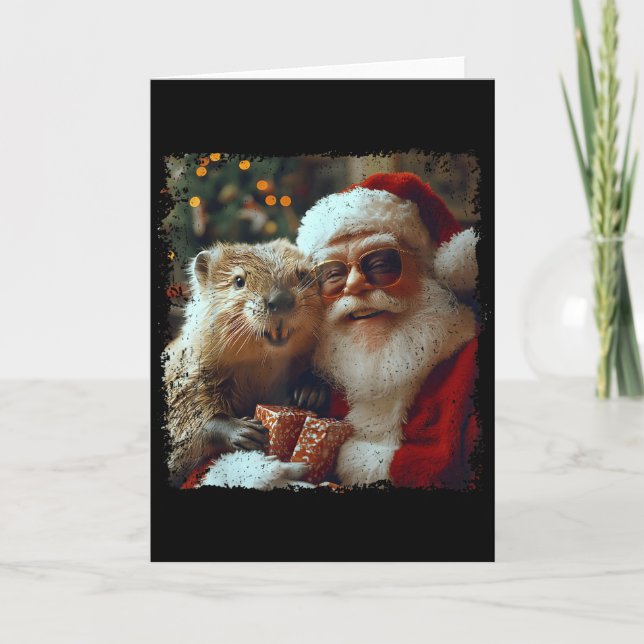 Tarjeta Santa And Beaver Selfie Funny Christmas Design  (Anverso)