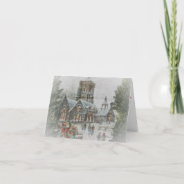 Tarjeta Santa antiguo con niños frente a una iglesia