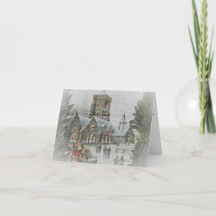 Tarjeta Santa antiguo con niños frente a una iglesia