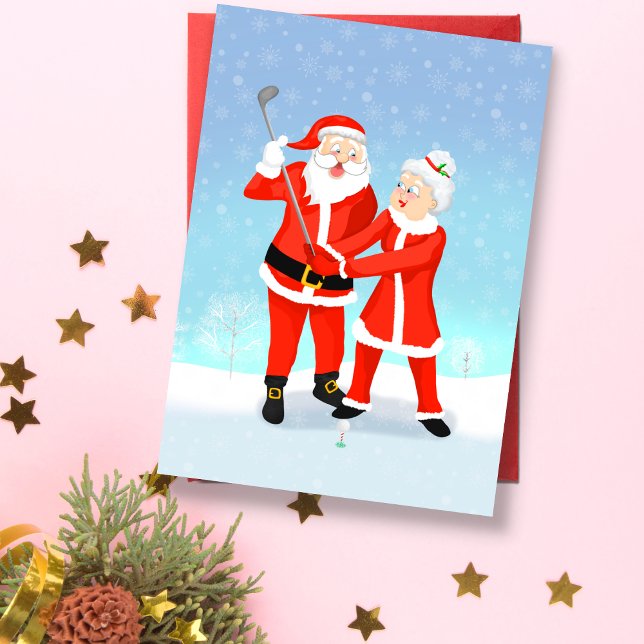 Tarjeta Santa Ayudando A La Sra. Claus Con Su Swing De Gol (A sweet Christmas card for a married golfing couple. )