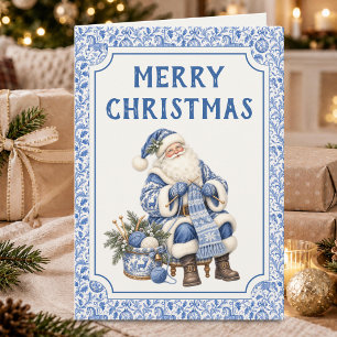 Tarjeta Santa Azul Tejiendo un Acogedor Navidad