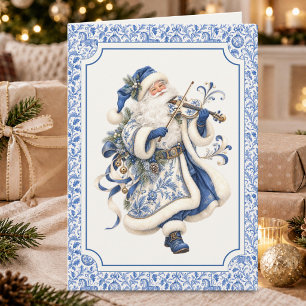 Tarjeta Santa Azul Violín Navidad Mundo Antiguo