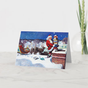 Tarjeta Santa bajando la chimenea para entregar libros