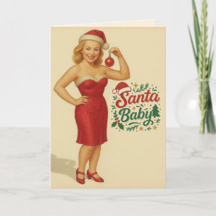 Tarjeta Santa bebé de Navidad con estilo vintage de chica