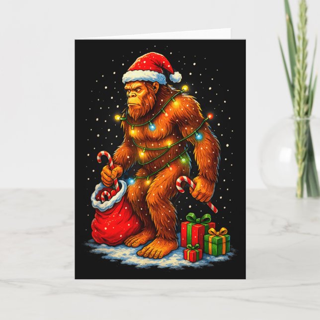 Tarjeta Santa Bigfoot Christmas Lights Funny Sasquatch  (Anverso)