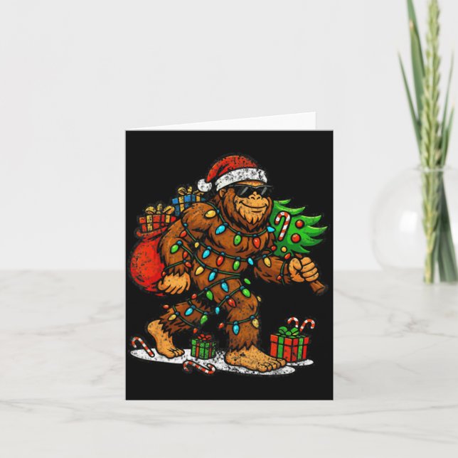 Tarjeta Santa Bigfoot Christmas Tree Xmas Lights Funny Sas (Anverso)